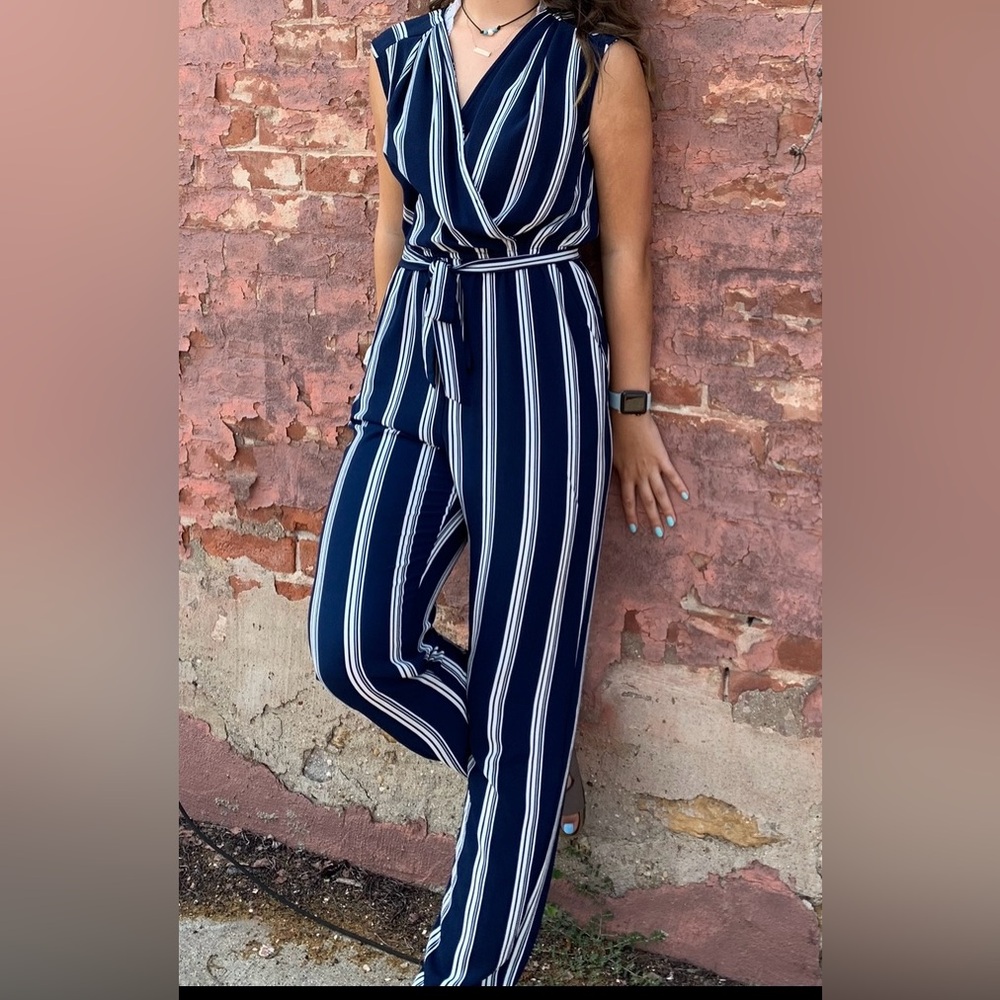 Navy and cream Striped Jumpsuit